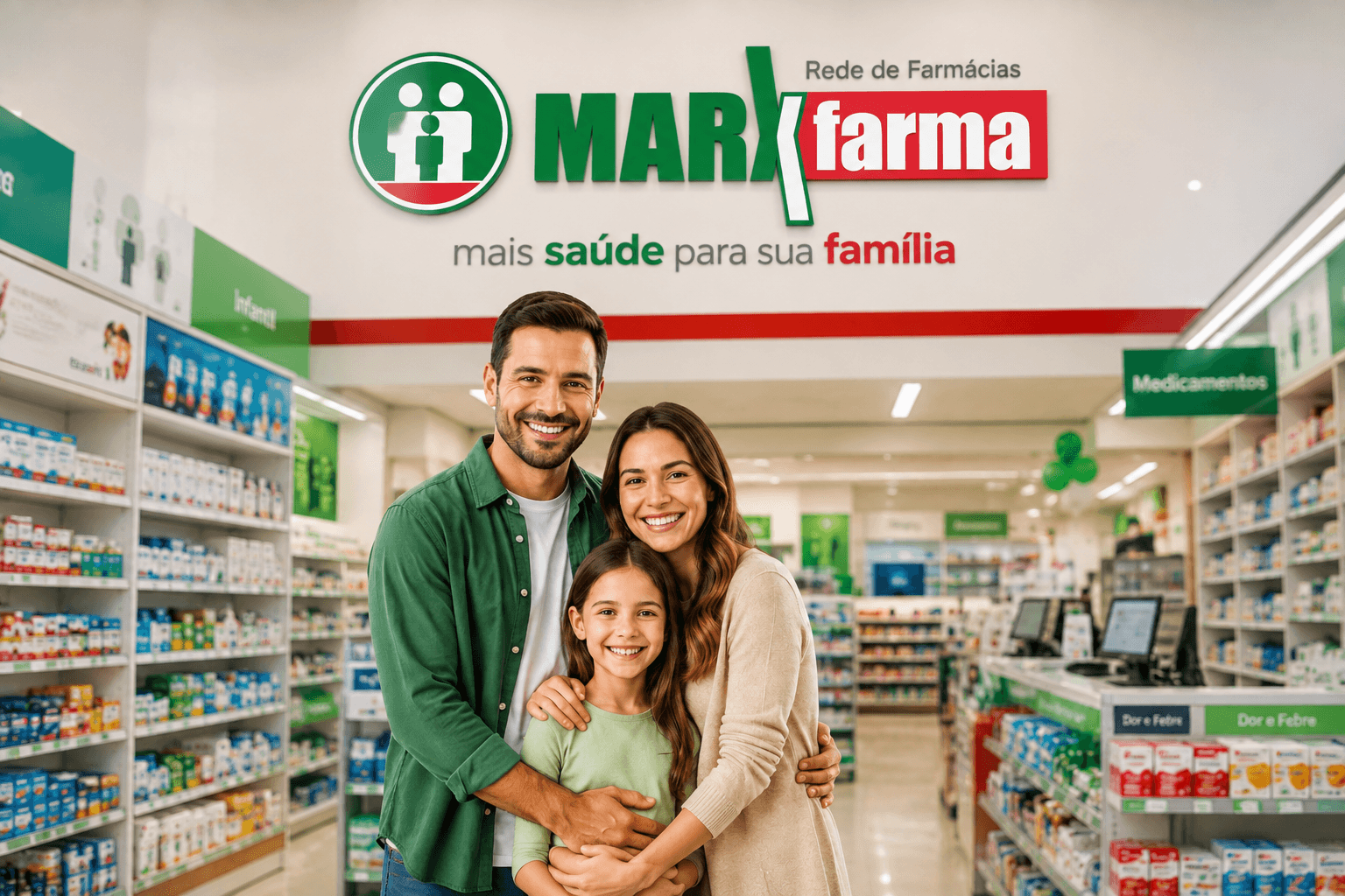Família sorrindo em ambiente de saúde